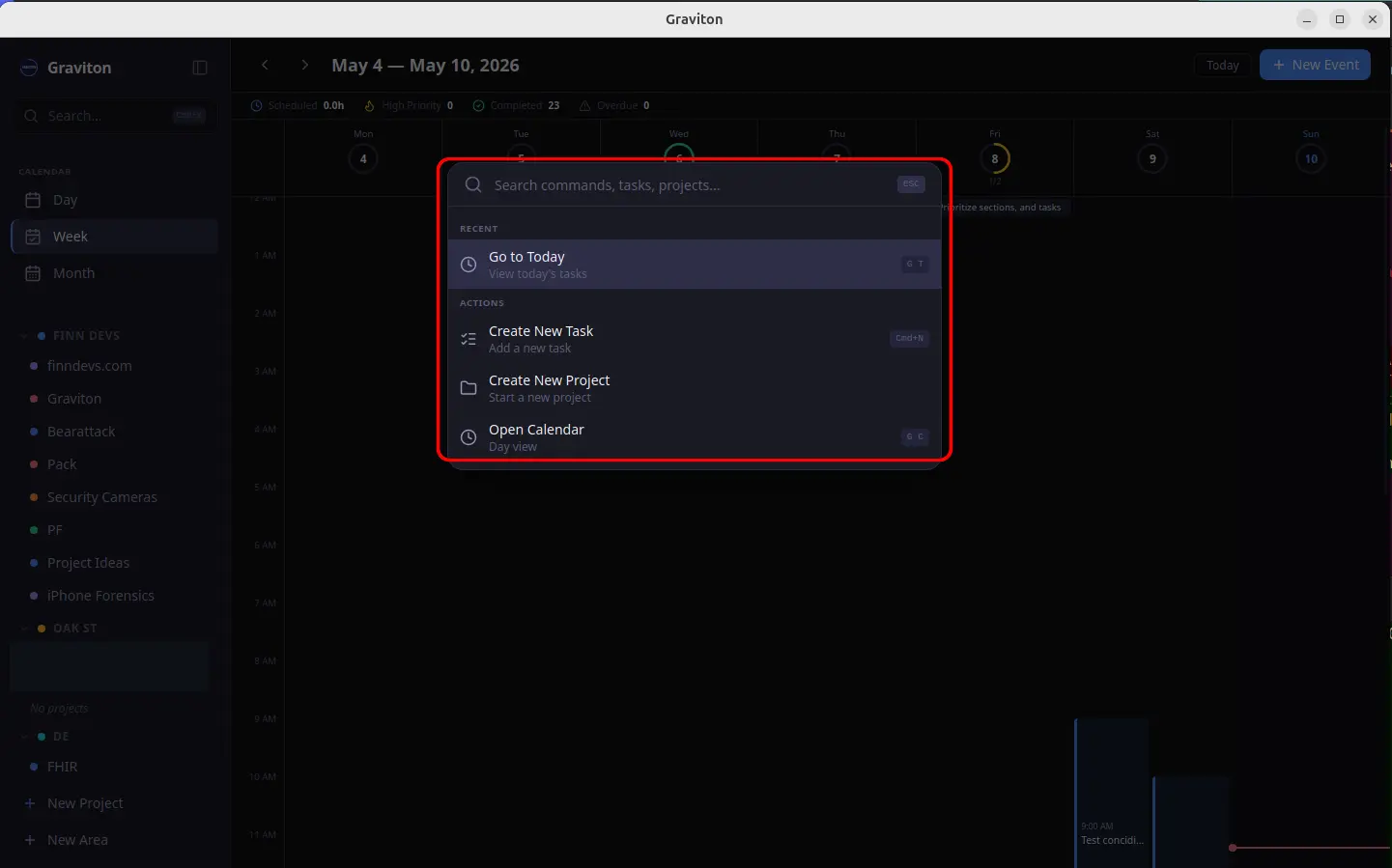 Graviton command palette for searching tasks and projects