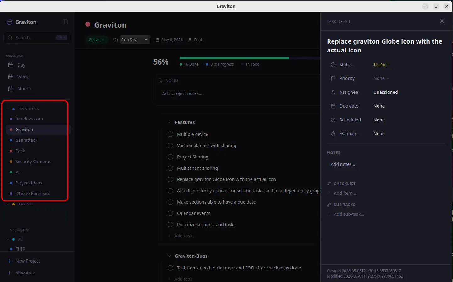 Graviton project view with sidebar hierarchy and task detail panel
