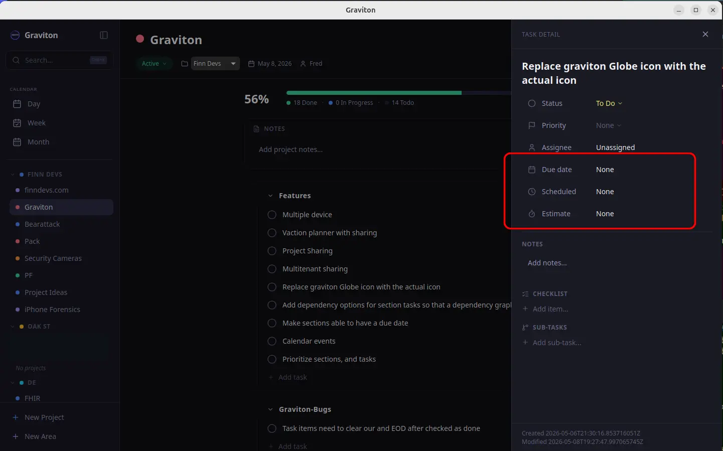 Graviton task detail with due date, scheduled date, and time estimate