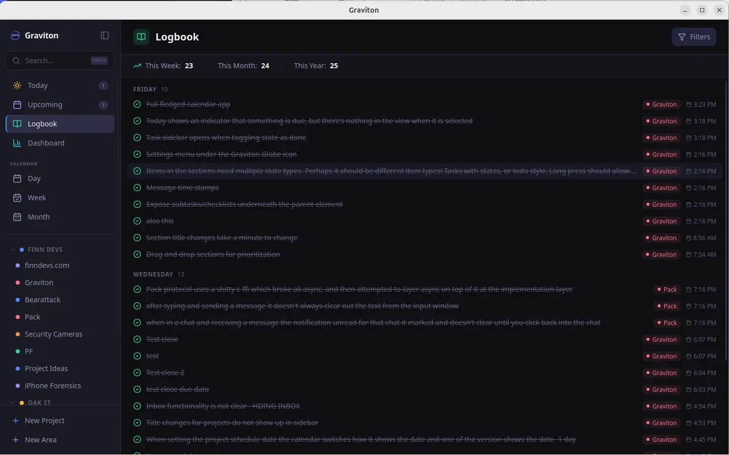 Graviton Logbook showing completed task history