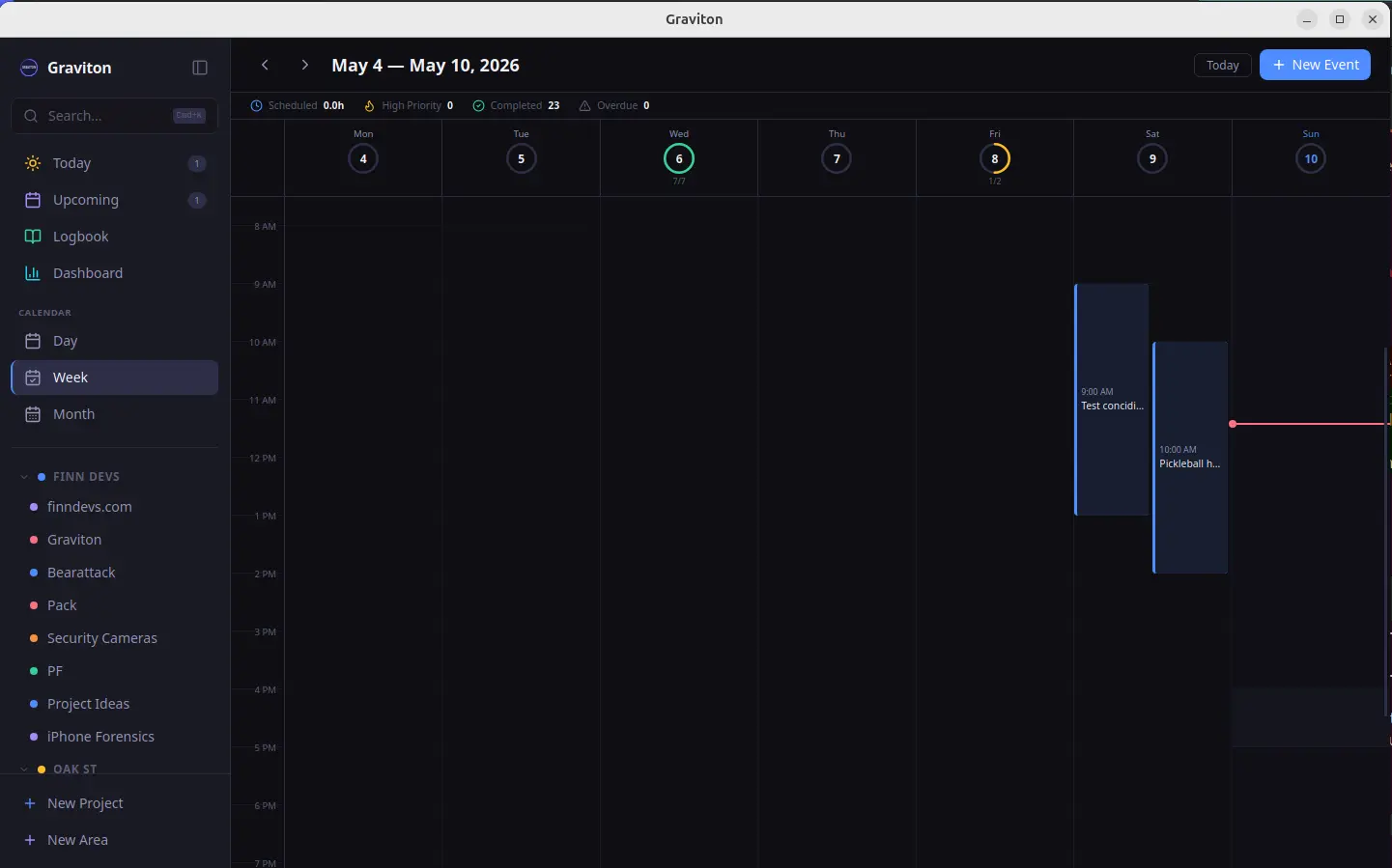 Graviton Week View showing calendar with events and progress rings